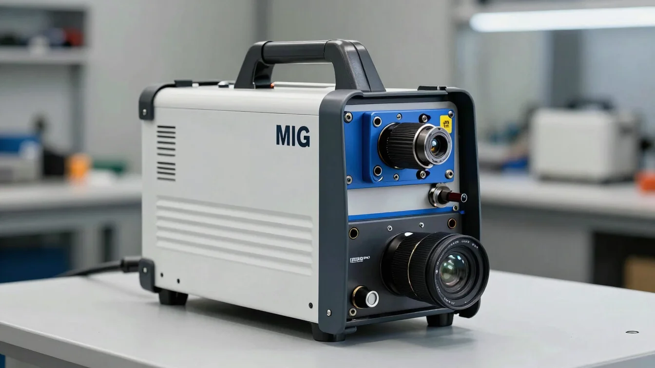 Close product detail of a MIG welder front panel and wire feed drive, controlled workshop light, neutral color, cool sla