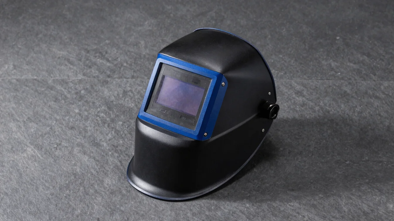 Overhead studio view of an auto-darkening welding helmet on a graphite surface, crisp detail on lens and headgear, cobal