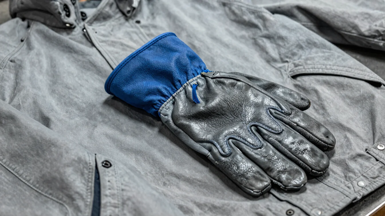 Detail shot of leather welding gloves and a flame-resistant jacket laid flat on a workbench, controlled neutral light, c
