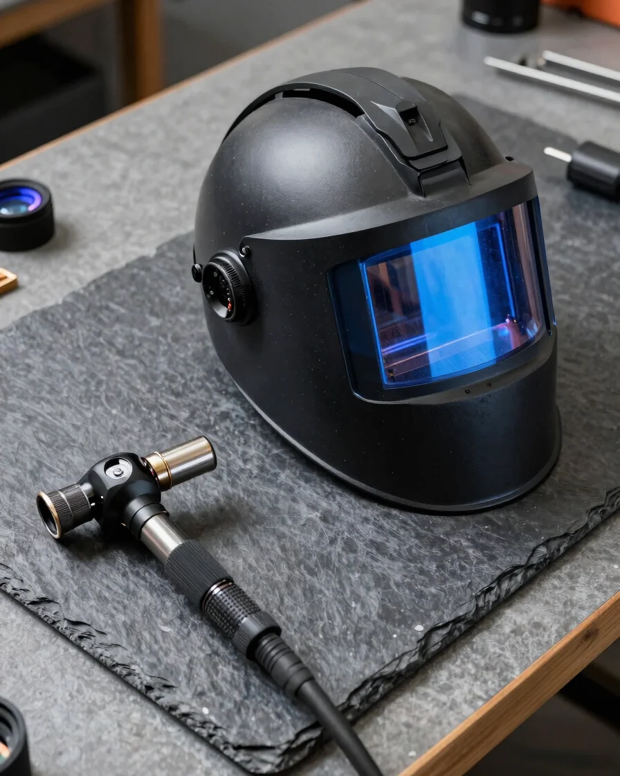 Overhead studio detail of a welding torch and protective helmet o